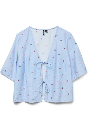 VERO MODA Cherry Print Tie Front Blue BlouseXS 6