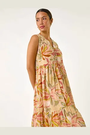 Roman Leaf Print Lace Detail Smock Dress46