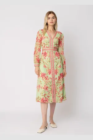 RAISHMA Naomi V-Neck Tie Belt Long Sleeved a Line Floral Print Dress40