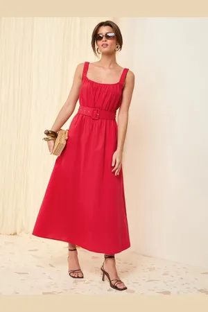 Friends Like These Ruched Strappy 100% Cotton Belted Midi Dress40