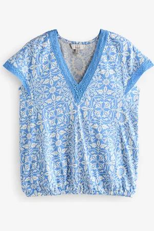 Next Short Sleeve Lace V-Neck Bubblehem 100% Cotton Top40tall