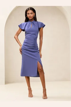 Lipsy London Short Sleeve Ruched Keyhole Fit And Flare Midi Dress36