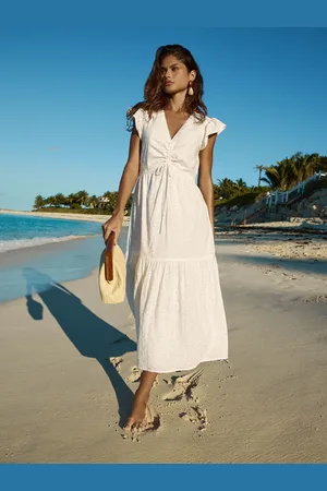 Lipsy London Broderie Short Sleeve Ruched Front 100% Cotton Midi Dress40