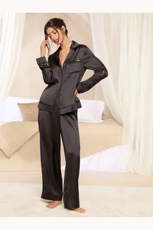 Lipsy London Satin Long Sleeve Pyjamas Set with Lace DetailsL