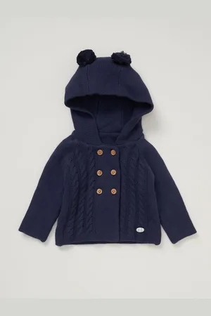 Rock-a-bye Baby Boutique Blue 100% Cotton Double Knit Hooded Cardigan with Poms3