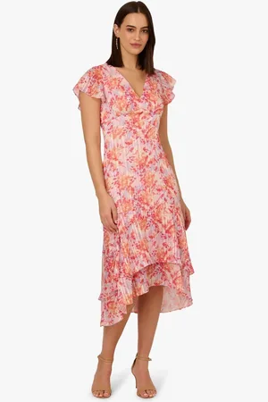 Adrianna Papell Pink Flounce Hem Satin Midi Dress42