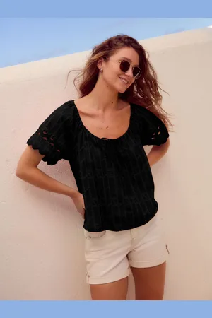 Next Broderie Boho Short Sleeve Ric Rac 100% Cotton TopEU 42 Tall (UK 14 T)