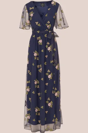 Adrianna Papell Blue Embroidered Flutter DressXS
