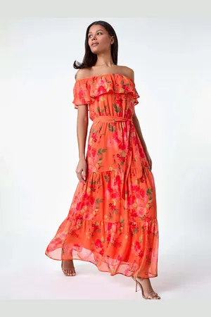 Roman Floral Tiered Bardot Belted Dress44