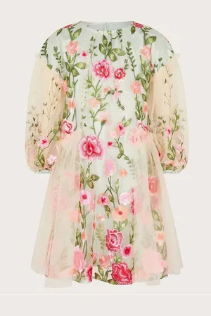 Monsoon Heather Long Sleeve Floral Print Embroidered Dress3 lat (98 cm)