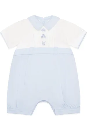Emile et Rose Blue 100% Cotton Romper With Inset Emb Panel & Piping Detail50 cm