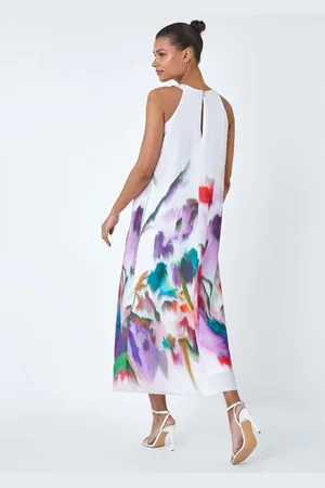 Roman Abstract Floral Pleat Detail Trapeze Dress48
