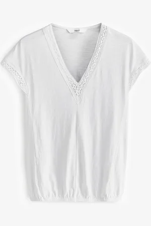 Next Short Sleeve Lace V-Neck Bubblehem 100% Cotton Top38petite
