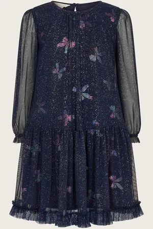 Monsoon Long Sleeve Bow Print Mesh Dress8 lat (128 cm)