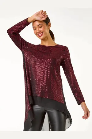 Roman Chiffon Hem Sequin Stretch Tunic Top46