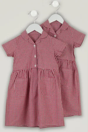Trutex Zestaw 2 czerwonych szkolnych sukienek na lato z guzikami z przodu i wzorem w kratkę gingham7 lat (122 cm)