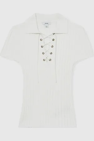 Reiss Poppy Lace Up Rib Knit TopL