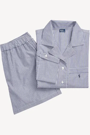 Ralph Lauren Blue Shirting Striped Crop 100% Cotton Boxer Pyjamas SetXXL