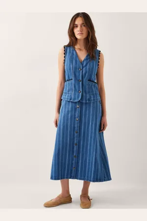Monsoon Ottilie Stripe Denim 100% Cotton Midi SkirtX-Large