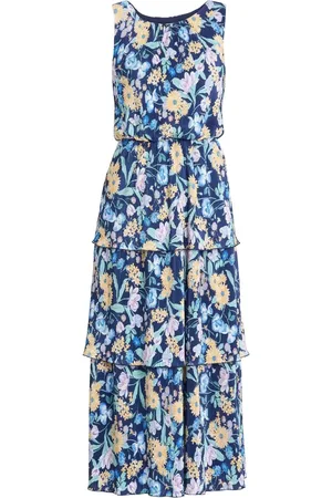 Gina Bacconi Blue Zara Floral Print Plisse Tier DressEU 42 (UK 14)