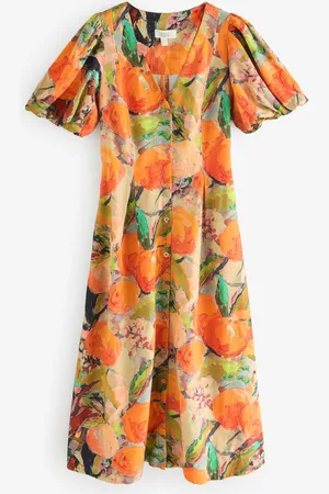 Next Button Down Puff Sleeve Midi Dress with Linen36