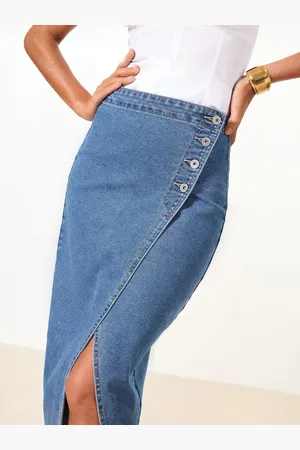 Lipsy London Asymmetrical Denim Midi Skirt With Button Detail40