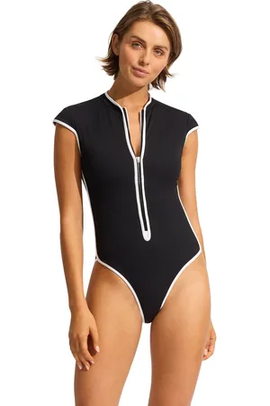 Seafolly Cap Sleeve Zip Front One Piece Black/White Swimsuit42