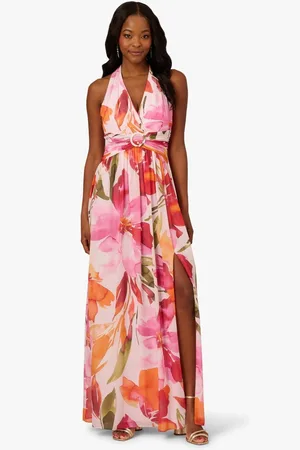 Adrianna Papell Pink Floral Chiffon Ring GownEU 42 (UK 14)