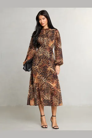 Lipsy London Leopard Print Long Sleeve Woven Underbust Midi Dress40