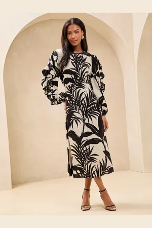 Lipsy London Palm Print Long Sleeve Ruffle Midi Dress44