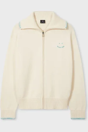 Paul Smith Happy Logo Knitted Zip Through Collar 100% Organic Cotton White JumperM