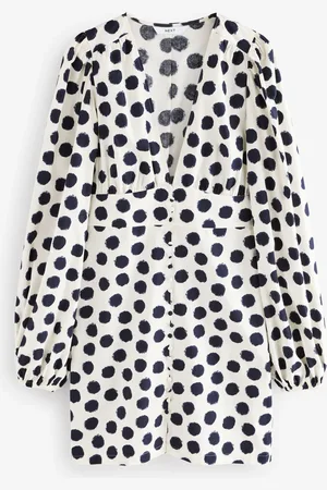 Next 100% Cotton Long Sleeve Blouson Sleeve Waisted Mini Dress42tall