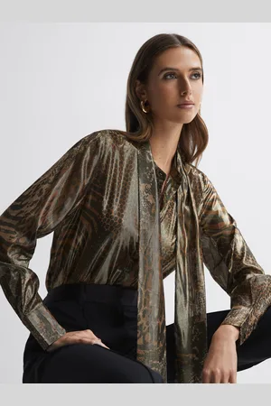 Reiss Kendall Metallic Animal Print Tie Neck Blouse36