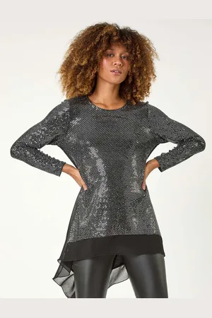 Roman Chiffon Hem Sequin Stretch Tunic Top38