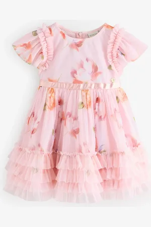 Ted Baker Pink Ruffle Hem Floral Print Mesh Dress9298 cm