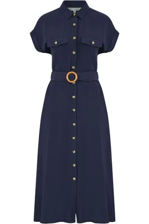 Yumi Viscose Linen Look Midi Shirt Dress With Wooden Belt50
