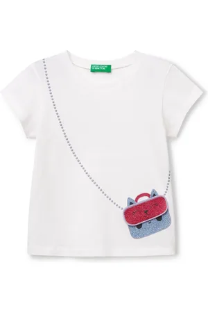 Benetton Girls Printed Applique 100% Cotton White T-Shirt104110 cm