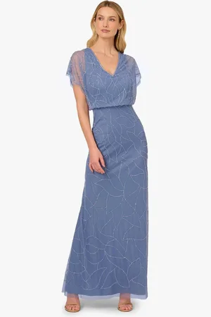 Adrianna Papell Blue Beaded Blouson Long Dress40