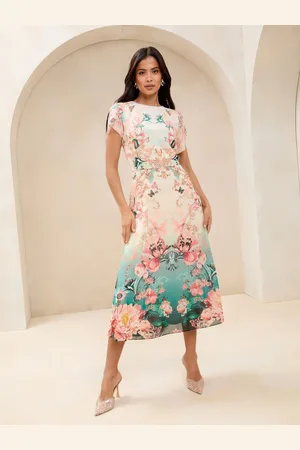 Lipsy London Ombre Floral Tulip Sleeve Fit And Flare Midi Dress36