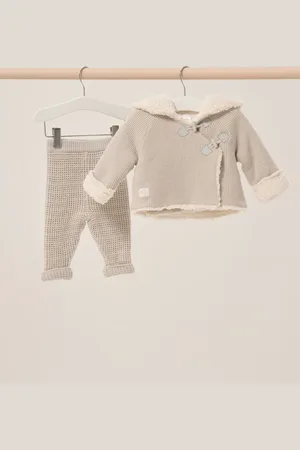 Rock-a-bye Baby Boutique Grey 100% Cotton True Knit Cardigan with Sherpa Lining and Double Knit Trousers Outfit Set0-3 miesięcy