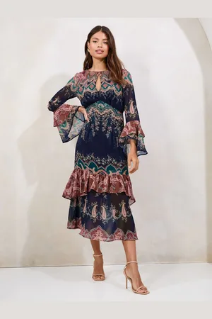 Lipsy London Placement Printed Flute Sleeve Ruffle Detail Midi Dress44