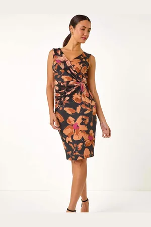 Roman Floral Print Ruched V-Neck Dress46