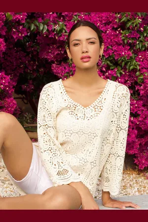 Roman Crochet V-Neck 3/4 Sleeve 100% Cotton Tunic Top44