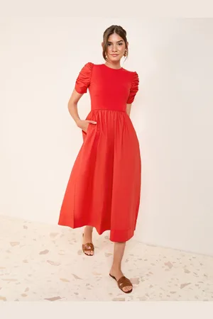 Friends Like These Cotton Mix Ruched Sleeve Midi Dress44