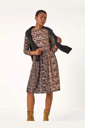 Roman Animal Print Ribbed Gathered Waist Dress38