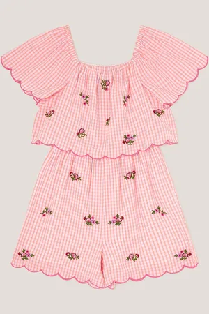 Monsoon Floral Print Embroidered Gingham 100% Cotton Playsuit140146 cm
