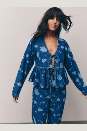 Next Printed Tie Front Denim 100% Cotton Blouse38