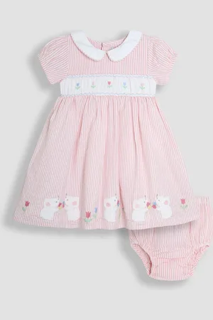 JoJo Maman Bébé Seersucker Appliqué Smocked 100% Cotton Dress8692 cm