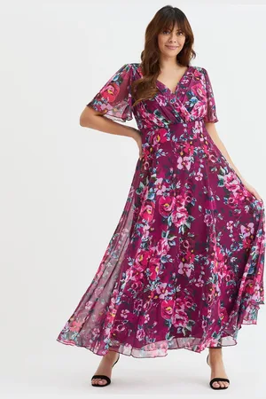 Scarlett & Jo Isabelle Magenta Floral Print Float Sleeve Maxi Dress44