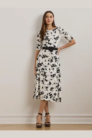 Ralph Lauren White Munzie Monochrome Florals Stretch Jersey Midi DressXS